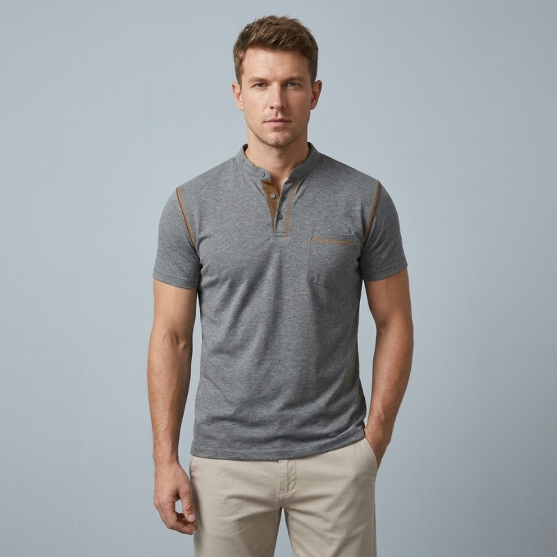 Herre Henley T-Shirt - Korte Ærmer Og Brystlomme
