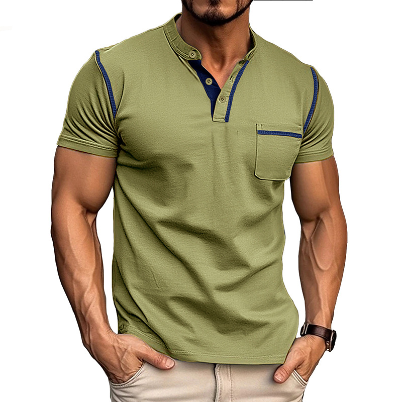 Herre Henley T-Shirt - Korte Ærmer Og Brystlomme