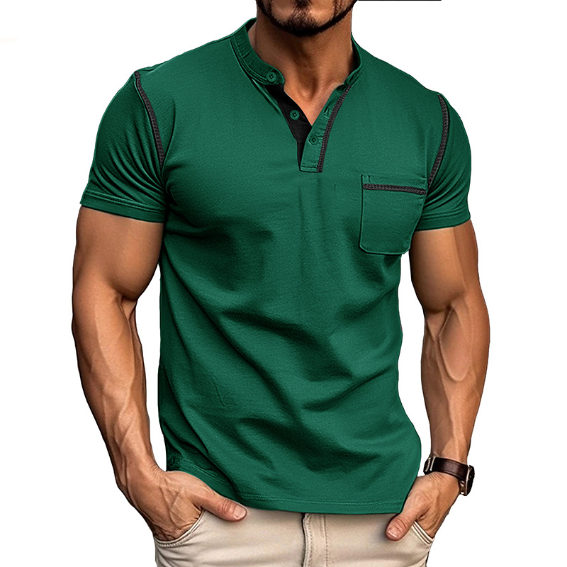 Herre Henley T-Shirt - Korte Ærmer Og Brystlomme