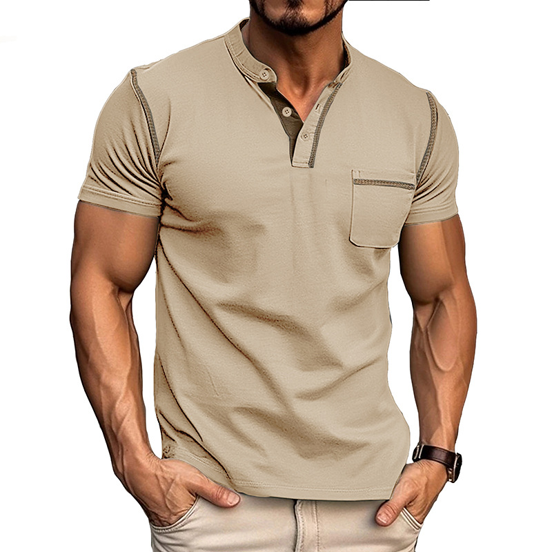 Herre Henley T-Shirt - Korte Ærmer Og Brystlomme