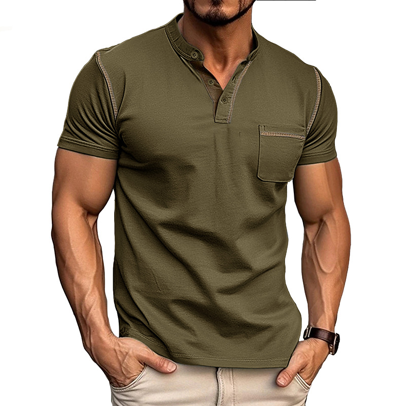 Herre Henley T-Shirt - Korte Ærmer Og Brystlomme
