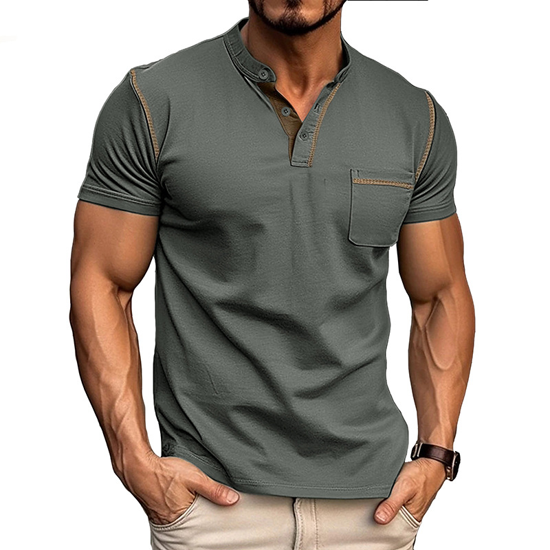 Herre Henley T-Shirt - Korte Ærmer Og Brystlomme