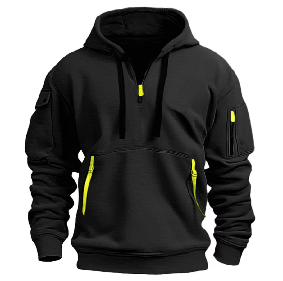 Herre Hoodie med Halv Lynlås - Fleece Hoodie med Flere Lommer