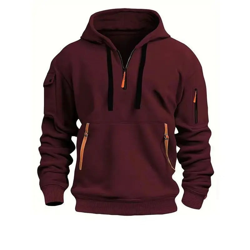 Herre Hoodie med Halv Lynlås - Fleece Hoodie med Flere Lommer