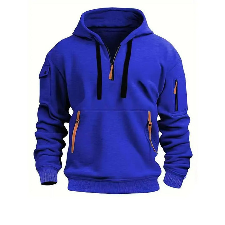Herre Hoodie med Halv Lynlås - Fleece Hoodie med Flere LommerV