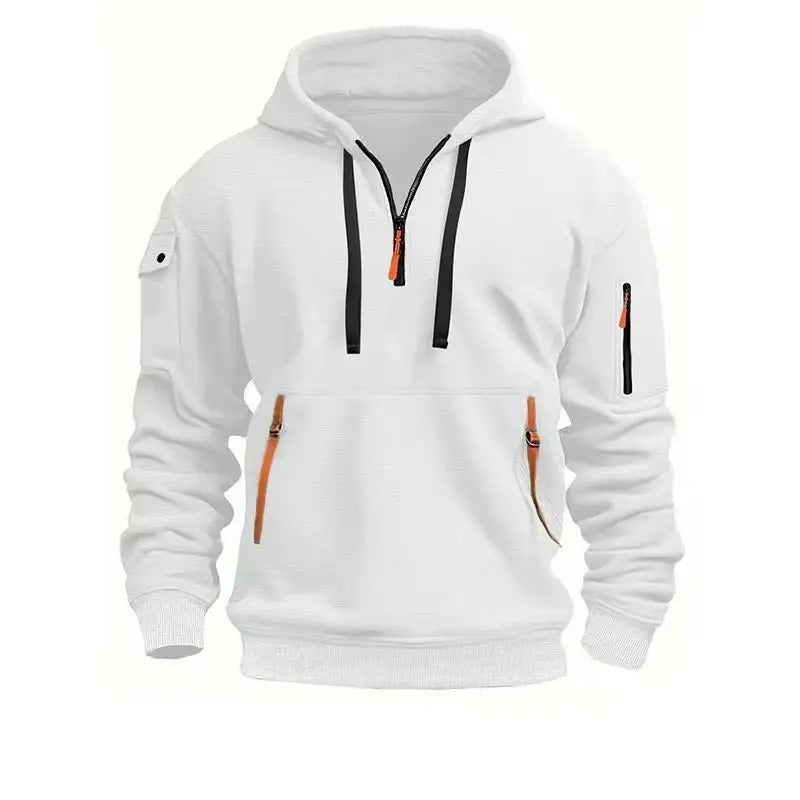 Herre Hoodie med Halv Lynlås - Fleece Hoodie med Flere Lommer