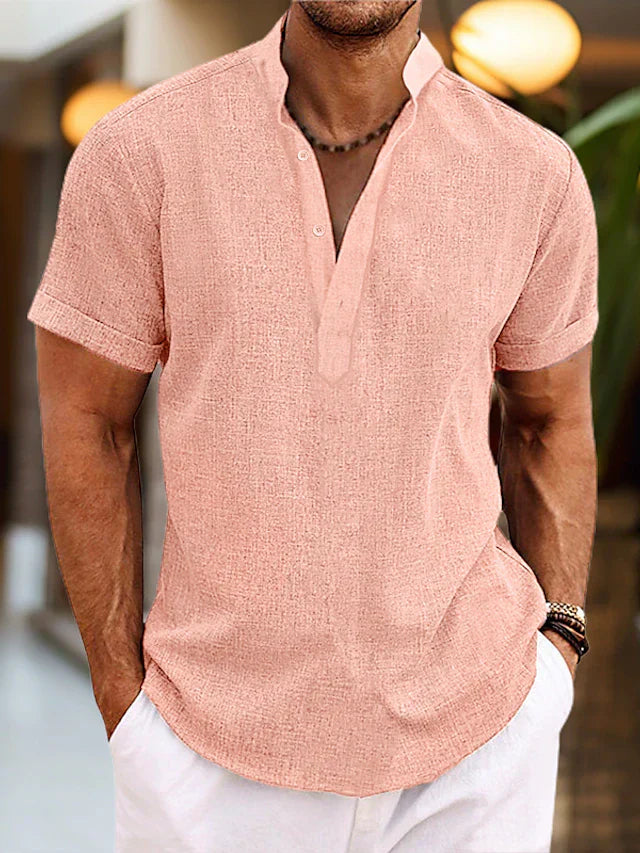 Herre Kortærmet Henley T-Shirt - Stående Krave Og Tekstureret Stof
