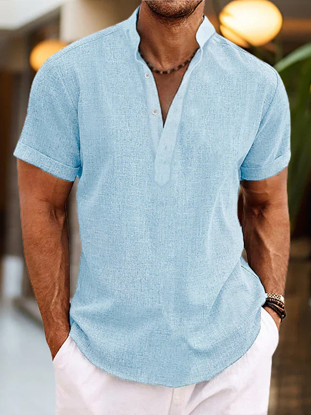 Herre Kortærmet Henley T-Shirt - Stående Krave Og Tekstureret Stof