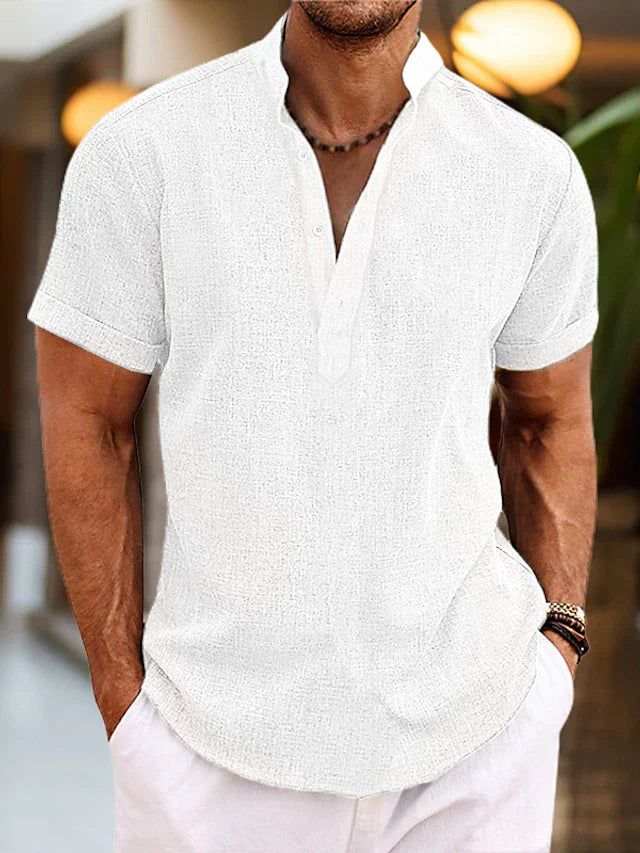 Herre Kortærmet Henley T-Shirt - Stående Krave Og Tekstureret Stof