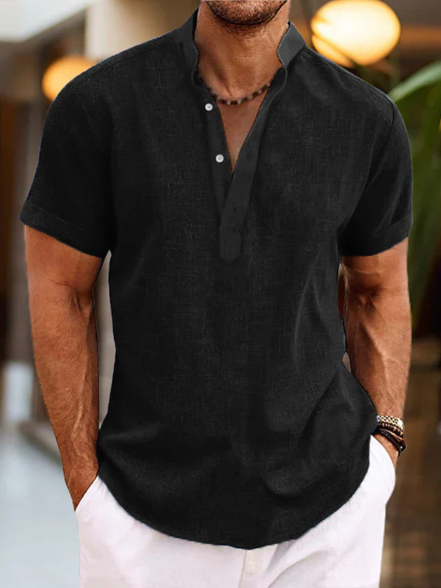 Herre Kortærmet Henley T-Shirt - Stående Krave Og Tekstureret Stof