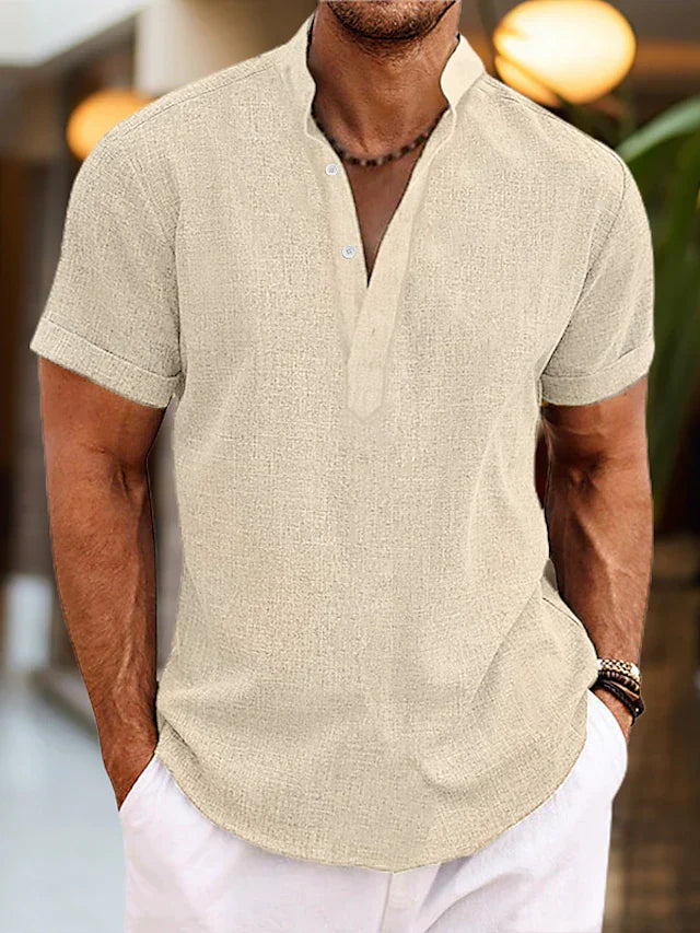 Herre Kortærmet Henley T-Shirt - Stående Krave Og Tekstureret Stof