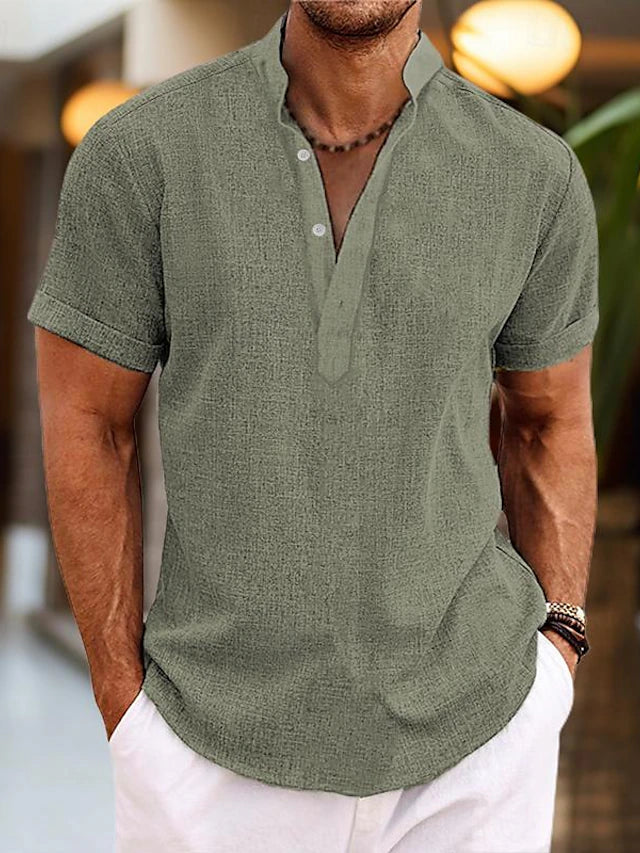 Herre Kortærmet Henley T-Shirt - Stående Krave Og Tekstureret Stof