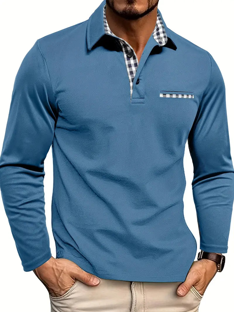 Herre Langærmet Poloshirt - Kontrastkrave Med Ternet Mønster