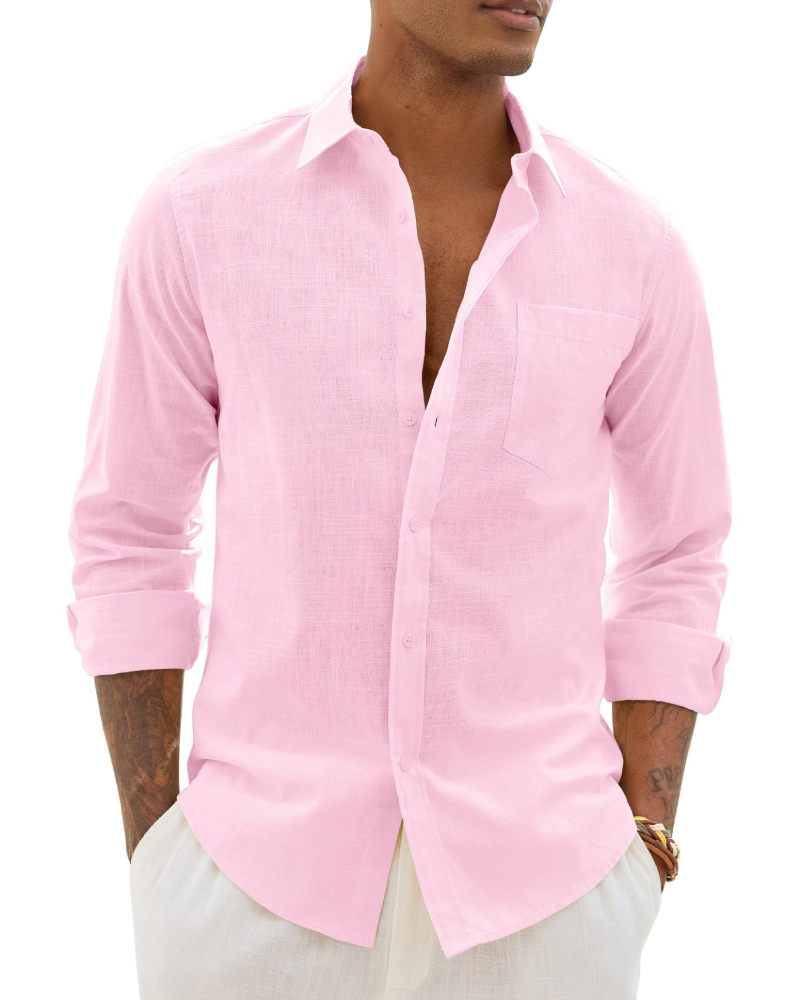 Herre Langærmet Skjorte - Knaplukning Og Brystlomme
