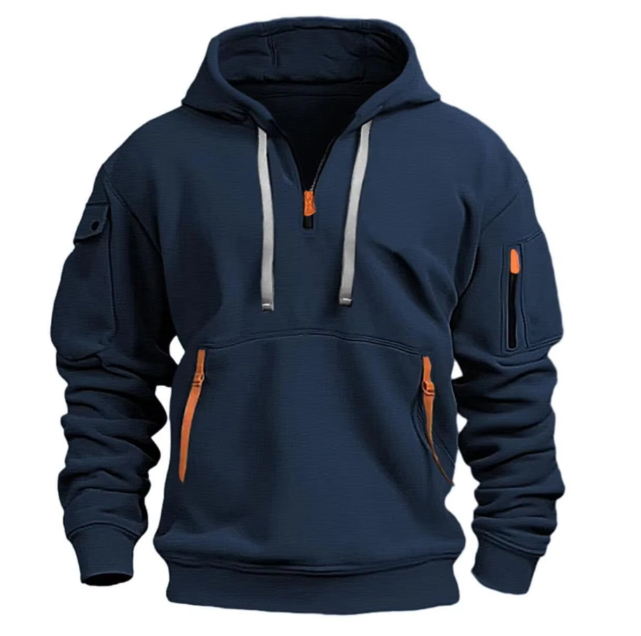 Herre Quarter Zip Hættetrøje - Pullover Sweatshirt Med Flere Lommer