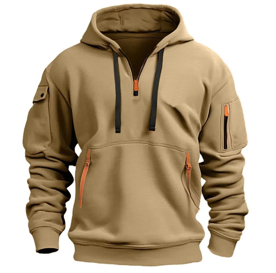 Herre Quarter Zip Hættetrøje - Pullover Sweatshirt Med Flere Lommer