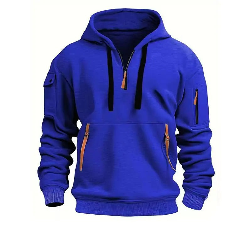 Herre Quarter Zip Hættetrøje - Pullover Sweatshirt Med Flere Lommer