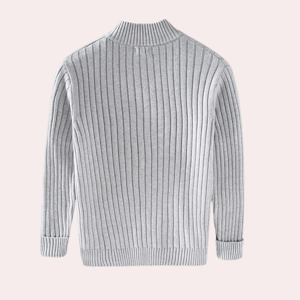 Herre Ribstrikket Cardigan med Lynlås - Sweaterjakke med Ståkrave og Lange Ærmer