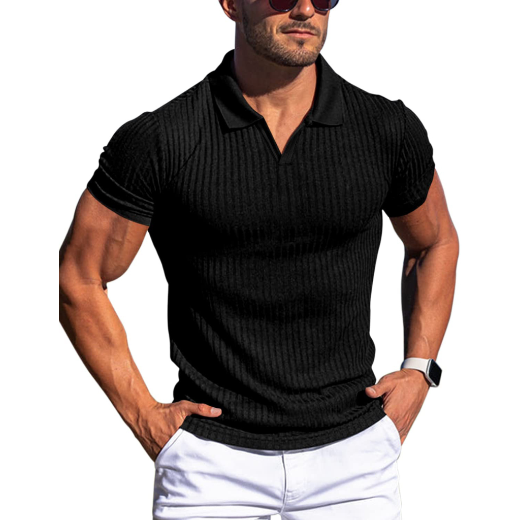 Herre Ribstrikket Poloshirt - Johnnykrave Med Korte Ærmer