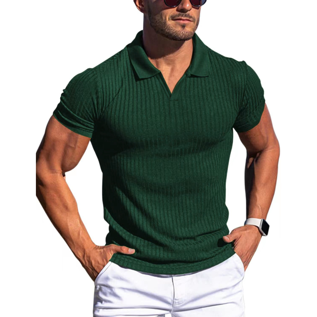 Herre Ribstrikket Poloshirt - Johnnykrave Med Korte Ærmer