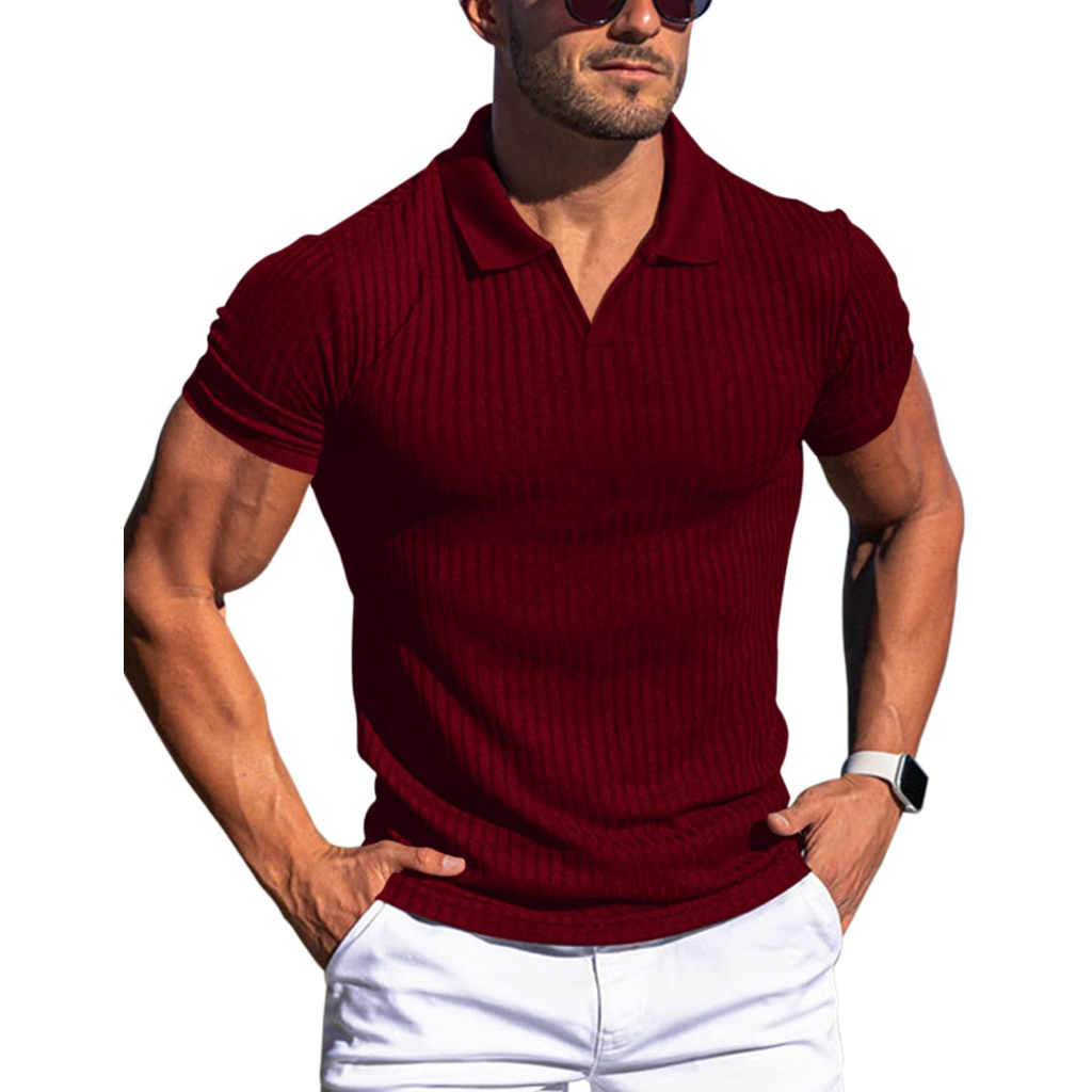 Herre Ribstrikket Poloshirt - Johnnykrave Med Korte Ærmer