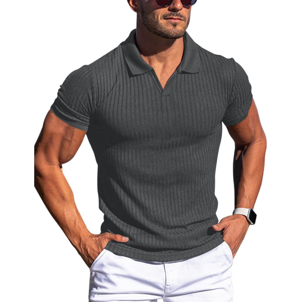 Herre Ribstrikket Poloshirt - Johnnykrave Med Korte Ærmer