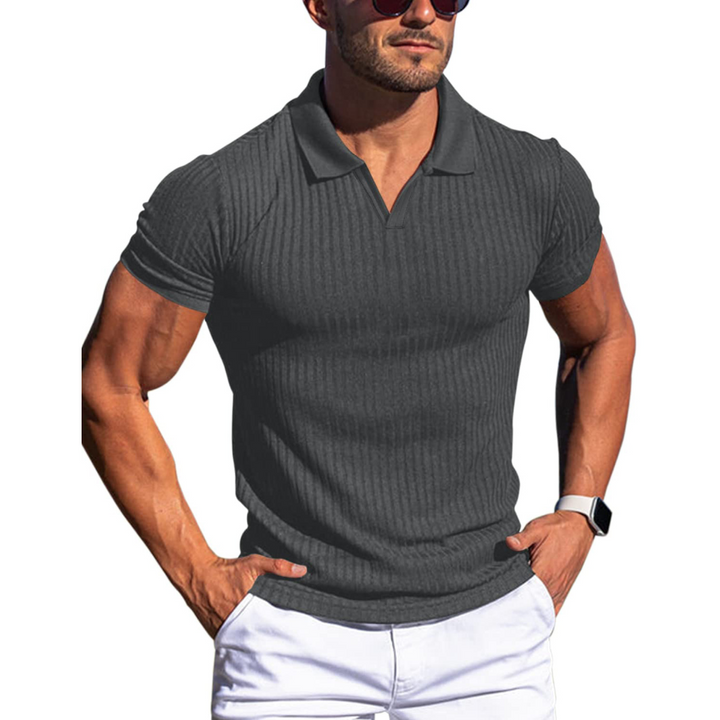 Herre Ribstrikket Poloshirt - Johnnykrave Med Korte Ærmer