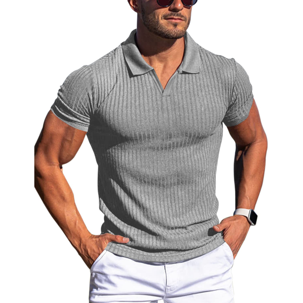 Herre Ribstrikket Poloshirt - Johnnykrave Med Korte Ærmer