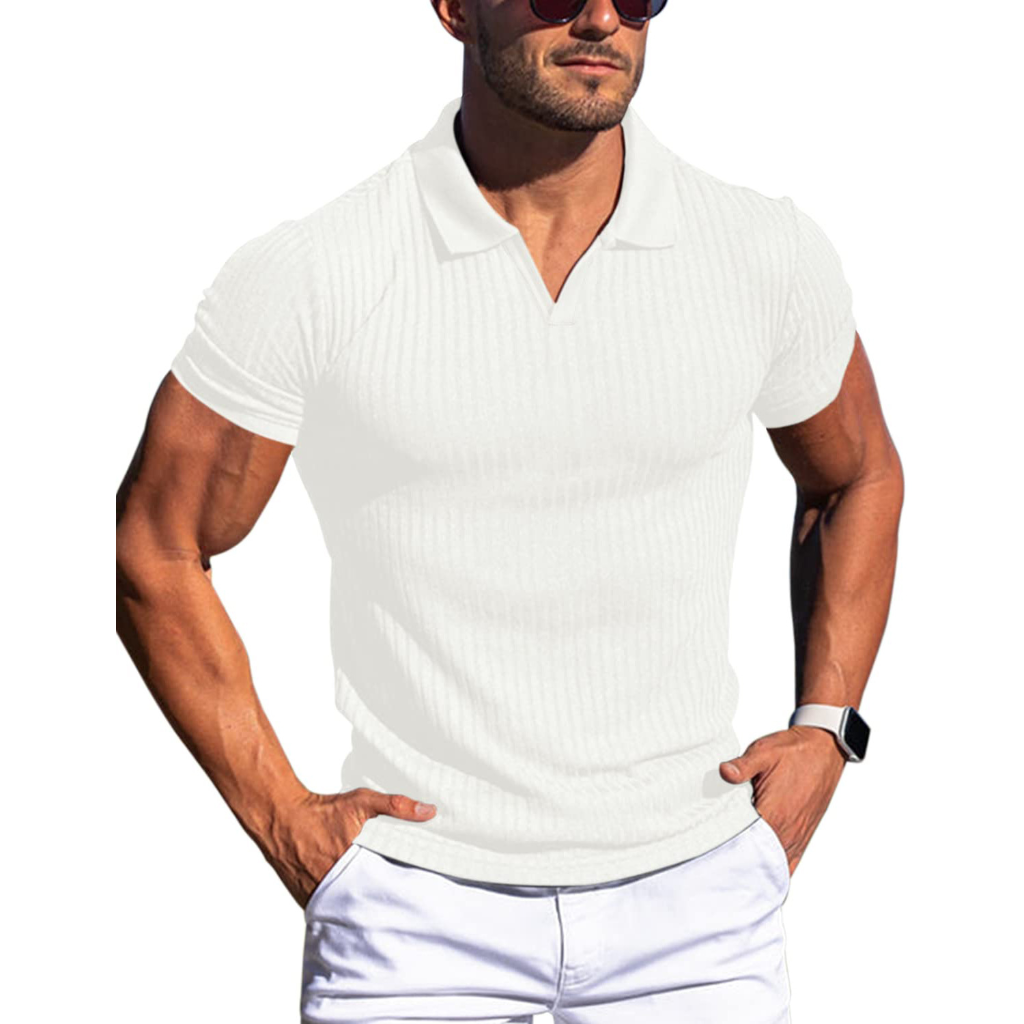Herre Ribstrikket Poloshirt - Johnnykrave Med Korte Ærmer
