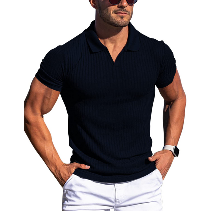 Herre Ribstrikket Poloshirt - Johnnykrave Med Korte Ærmer