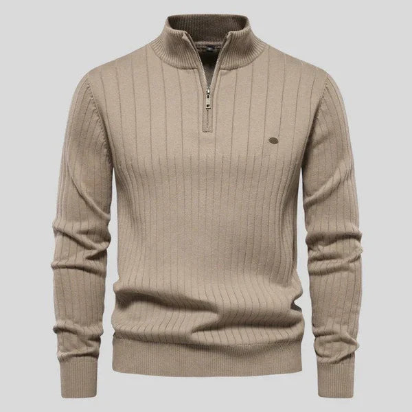 Herre Ribstrikket Sweater med Kvart Lynlås - Langærmet Pullover med Ståkrave