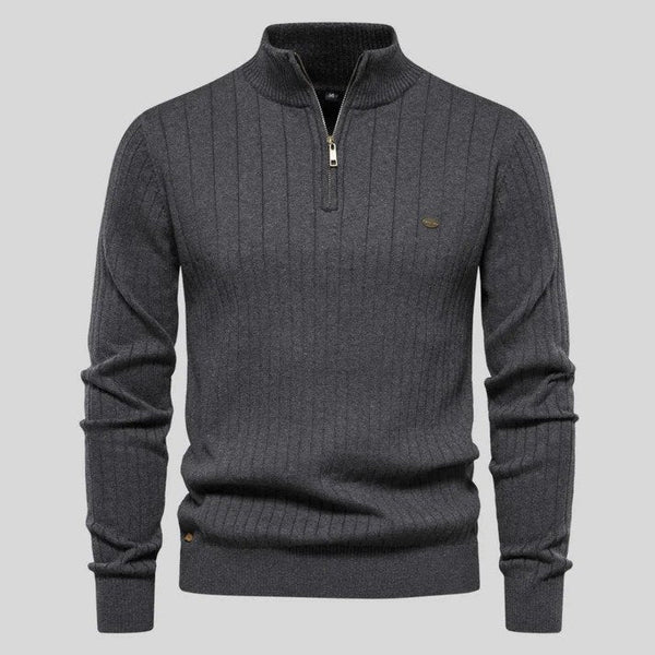 Herre Ribstrikket Sweater med Kvart Lynlås - Langærmet Pullover med Ståkrave