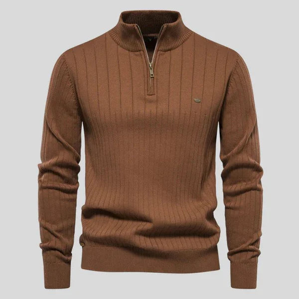 Herre Ribstrikket Sweater med Kvart Lynlås - Langærmet Pullover med Ståkrave