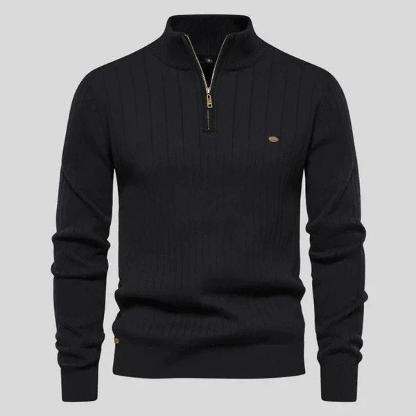 Herre Ribstrikket Sweater med Kvart Lynlås - Langærmet Pullover med Ståkrave