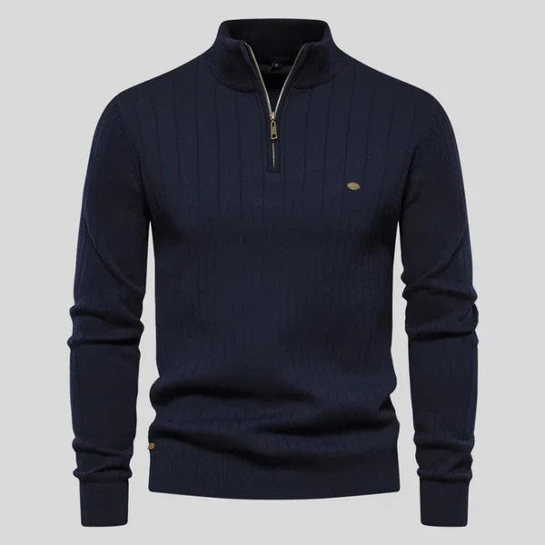 Herre Ribstrikket Sweater med Kvart Lynlås - Langærmet Pullover med Ståkrave