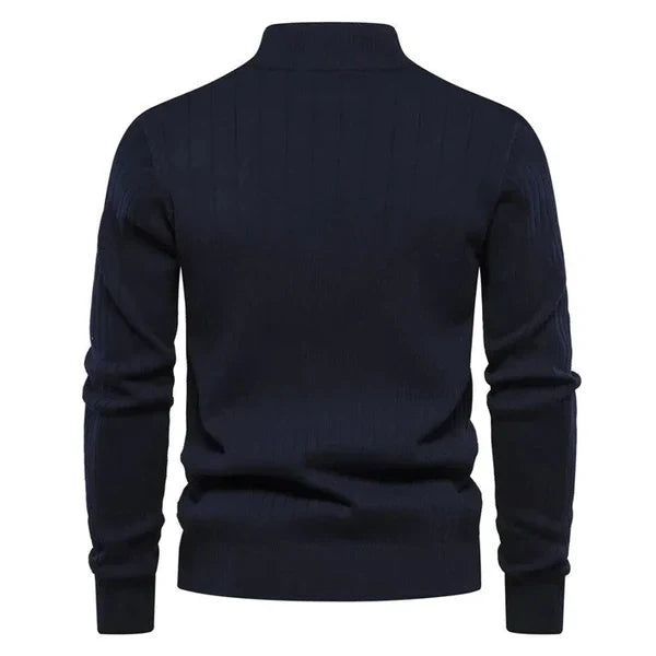 Herre Ribstrikket Sweater med Kvart Lynlås - Langærmet Pullover med Ståkrave