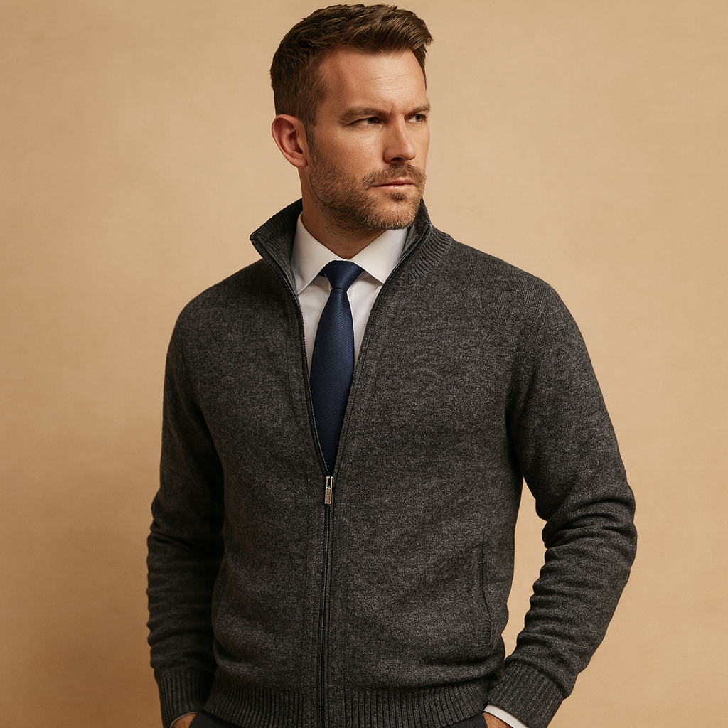 Herre Strikket Cardigan med Lynlås – Ståkrave