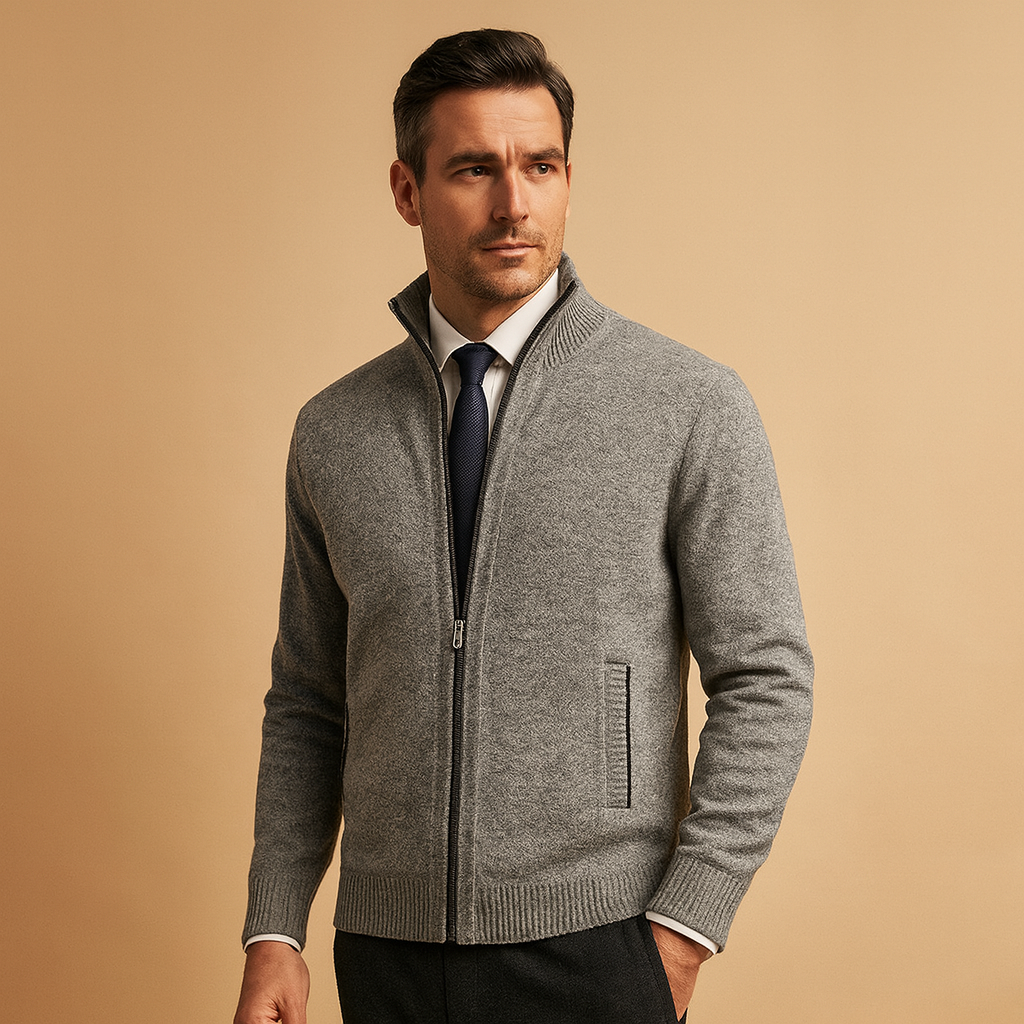 Herre Strikket Cardigan med Lynlås – Ståkrave