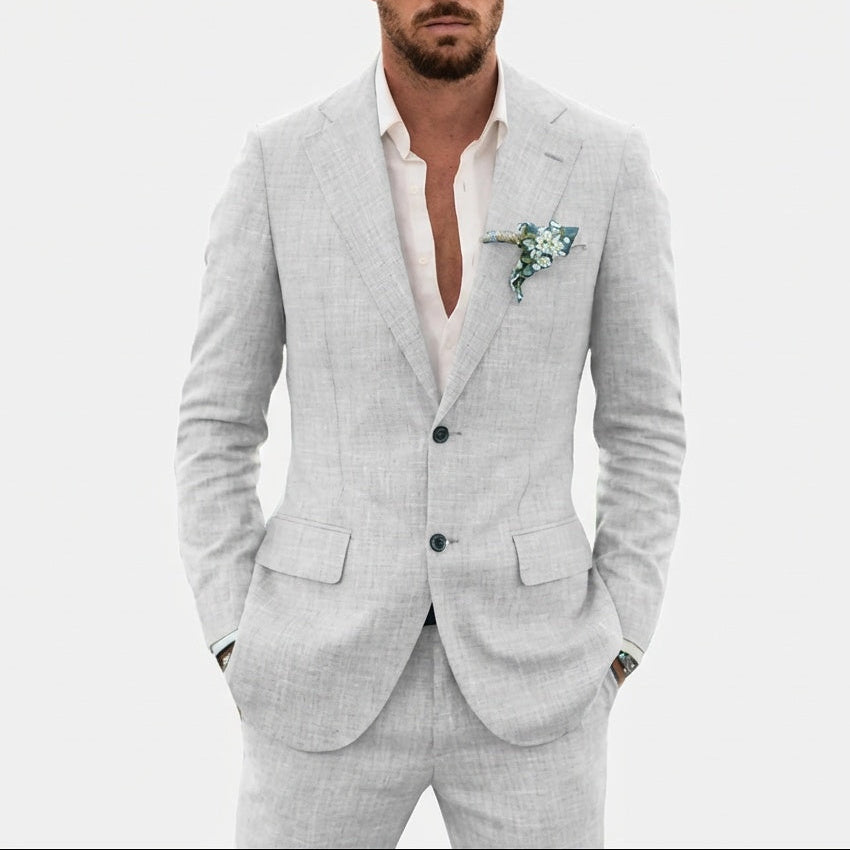 Herre To-Delt Meleret Jakkesæt - Blazer Med Revers, To Knapper Og Habitbukser