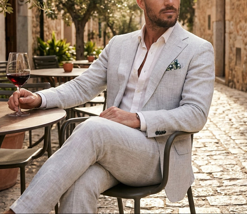 Herre To-Delt Meleret Jakkesæt - Blazer Med Revers, To Knapper Og Habitbukser