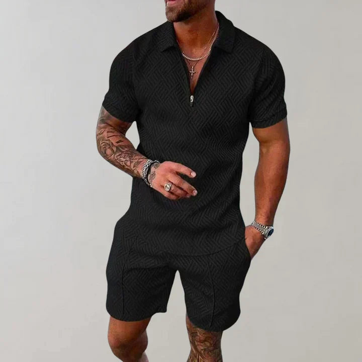 Herre To-Delt Sæt - Poloshirt Med Lynlås Og Shorts Med Struktur