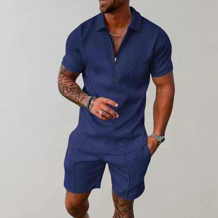 Herre To-Delt Sæt - Poloshirt Med Lynlås Og Shorts Med Struktur