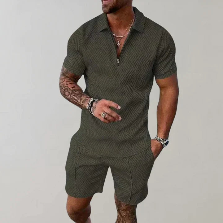 Herre To-Delt Sæt - Poloshirt Med Lynlås Og Shorts Med Struktur