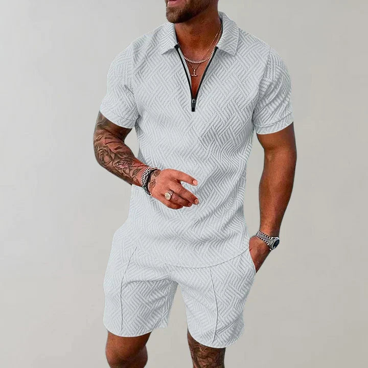 Herre To-Delt Sæt - Poloshirt Med Lynlås Og Shorts Med Struktur