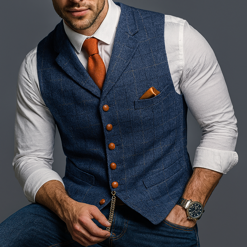 Herre Tweed Vest - V-Hals Habitvest Med Knaplukning
