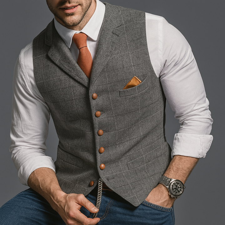 Herre Tweed Vest - V-Hals Habitvest Med Knaplukning