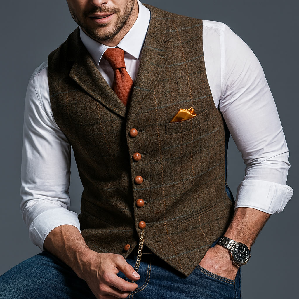 Herre Tweed Vest - V-Hals Habitvest Med Knaplukning