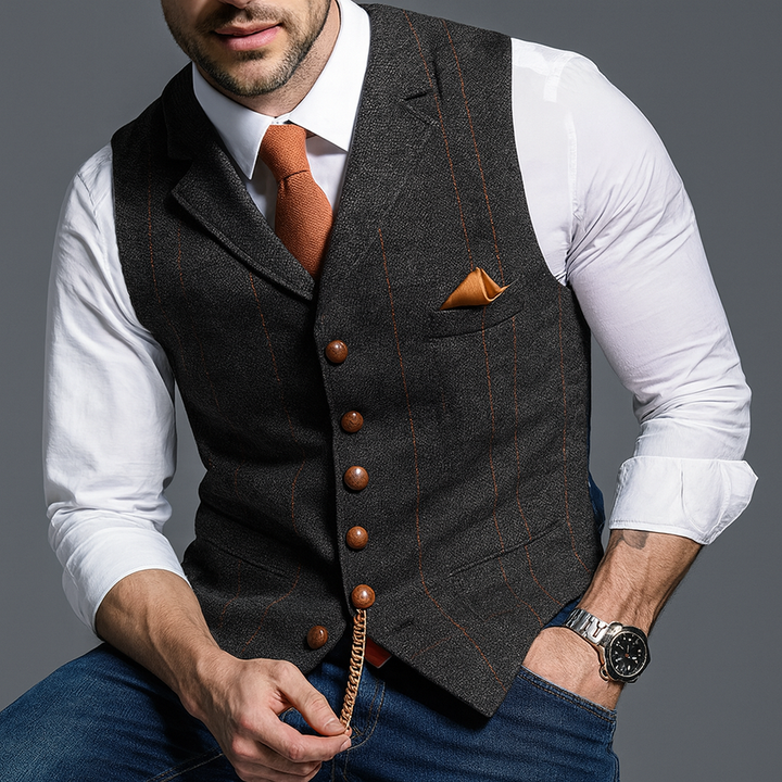 Herre Tweed Vest - V-Hals Habitvest Med Knaplukning