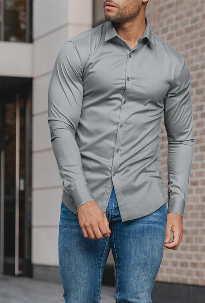 Herreskjorte med Slim Fit – Langærmet Stretchskjorte med Knaplukning