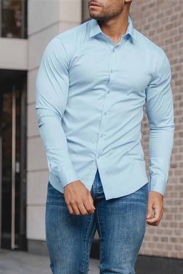 Herreskjorte med Slim Fit – Langærmet Stretchskjorte med Knaplukning